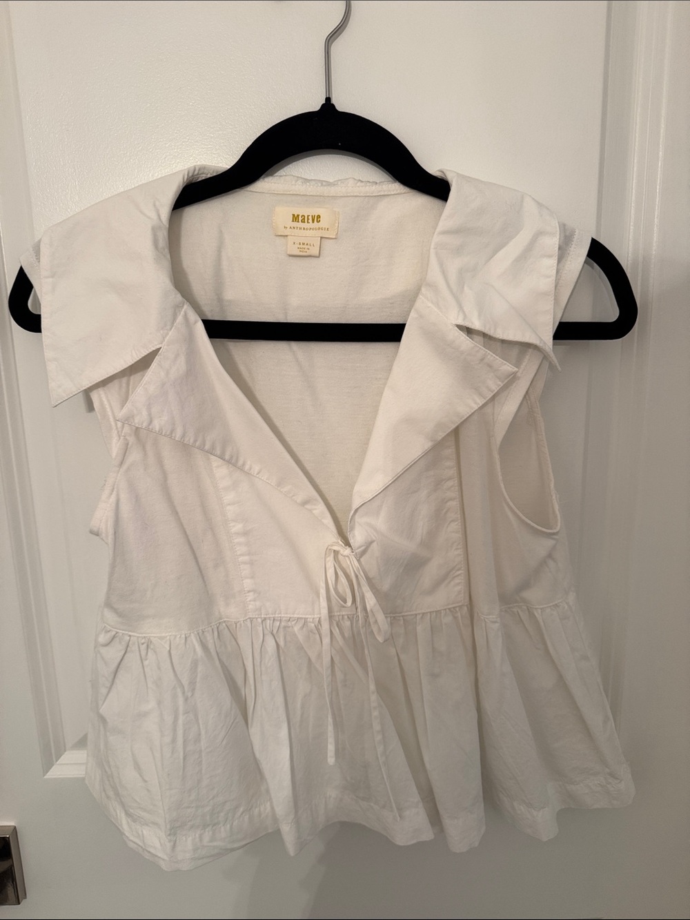 Maeve White Tie-Front Sleeveless Peplum Top with Wide Collar